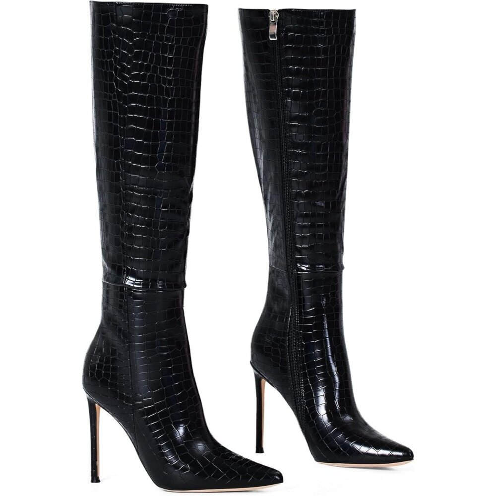 Women's Black Leather Suede Knee High Stiletto Tall Pointed Toe Stylish Boot - Picture 6 of 6